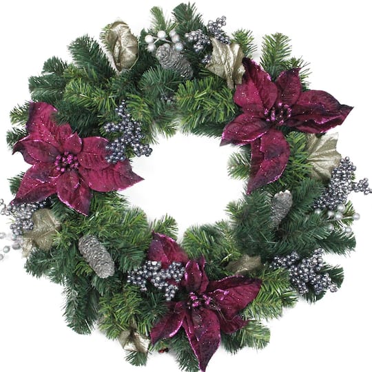 24&#x22; Two-Tone Pine with Purple Poinsettias &#x26; Berries Wreath